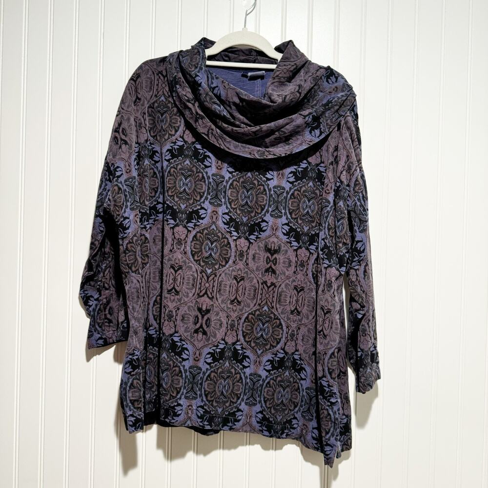 Tianello Purple Printed Cowl Neck Top Bohemian Lagenlook Size Small